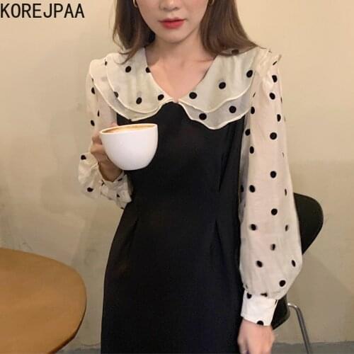 Korejpaa Women Dress 2021 Korean Fashion Elegant Double-layer Doll Collar Polka Dot Stitching Fake Two-piece Waist Split Vestido