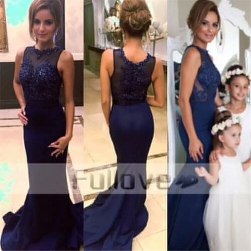 Navy Blue Beaded Mermaid Evening Dress Long 2019 Appliques Sheer Formal Evening Party Dresses Gown Vestidos De Fiesta Abiye