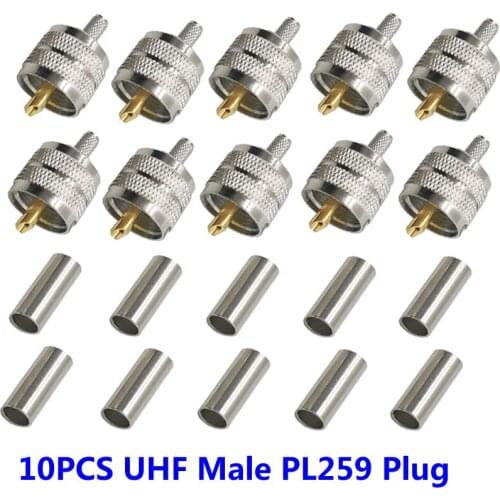 10PCS Male Pigital UHF Connector UHF PL259 Plug Adapter Crimp for RF Coaxial Cable Wiring RG58 LMR195 RG400 Screwed Coupling