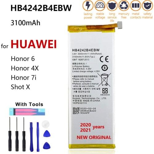 100% Original 3100mAh HB4242B4EBW Battery For Huawei Honor 6 /Honor 4X / Honor 7i / Shot X Phone Replacement Batteries With Tool