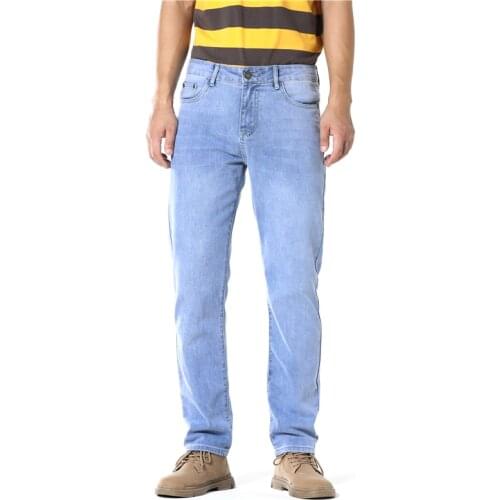 2021 Mens Jeans Classic Straight Regular Smart Casual Light Blue Elastic Denim Pants Brand Trousers Spring Autumn Male Clothes