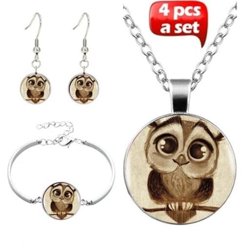 4Pcs/Set Cute Owl Art Picture Glass Jewelry Set Fashion Choker Necklace Bracelet Earring Jewelry Sets for Women Gift Accessories