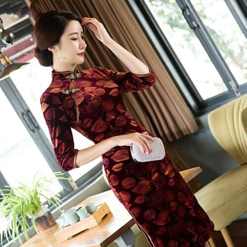 Long New Vintage Modified Velvet Dress Cheongsam Classical Fashion Velvet with Plus Size 3XL Cheongsam
