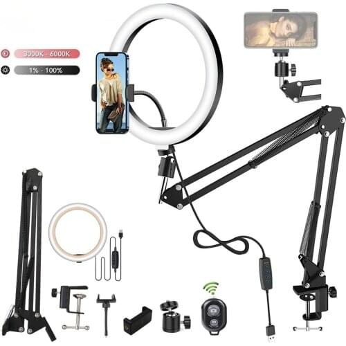 LED Selfie Ring Light Phone Stand Holder Circle Fill Light Dimmable Round Lamp Tripod Makeup Photography RingLight With Long Arm