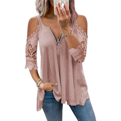 Summer T Shirt Women 2021 New Hollow Out tee shirts Zipper V Neck Lace Sleeves Knitted T-shirt Solid Color Sexy Lady Tops
