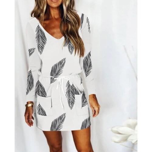Fashion Women Sexy V-neck Dress Bandage Lace Up Feather Star Printed Bodycon Long Sleeve Mini Dresses Oversized