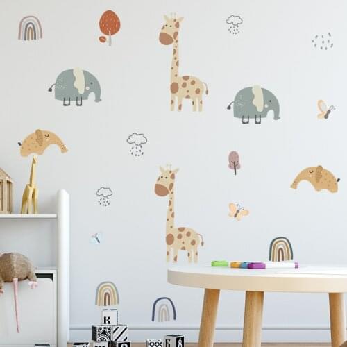 Cartoon Animals Wall Stickers For Kids Room Baby Nursery Children Bedroom Wall Decor Giraffe Elephant Wall Decals Home Decor