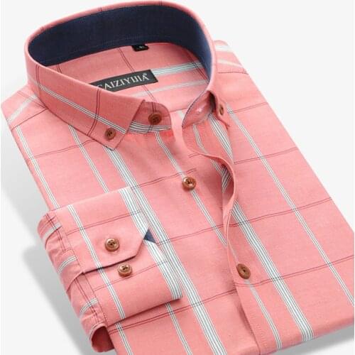 Casual Standard-Fit Button Down Gingham Shirts Mens 100% Cotton Long Sleeve Contrast Plaid Checkered Shirt Pocket-Less Design