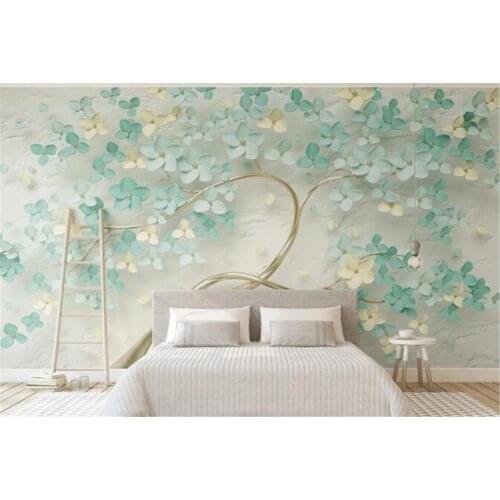 Beibehang Custom wallpaper small fresh mint green HD silk material flower relief background wall home decoration 3d wallpaper