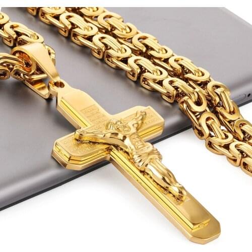 Spanish Bible Crucifix Jesus Cross Pendant Necklace Charm Stainless Steel Gold Long Chain Necklaces Byzantine Religious Jewelry