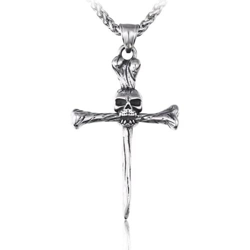 Gothic Cross pendant necklace with skull Punk rock style Skeleton chain Cool jewelrt for man