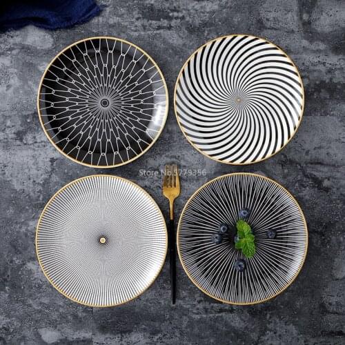 Phnom Penh Ceramic Geometry Round Plate 6/8/10 Inch Ceramic Dinner Tableware Plate Dish Porcelain Dessert Dinnerware Cake Plate