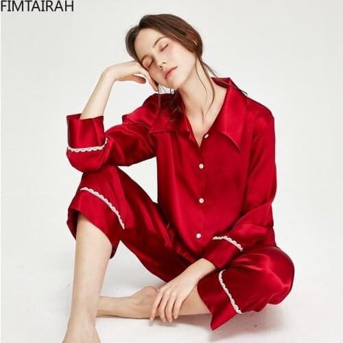 Gift 19MM Women Silk Sleepwear Suit Set Long-sleeved Two-piece Set Fashion Lady 100% Mulberry Silk Pajamas