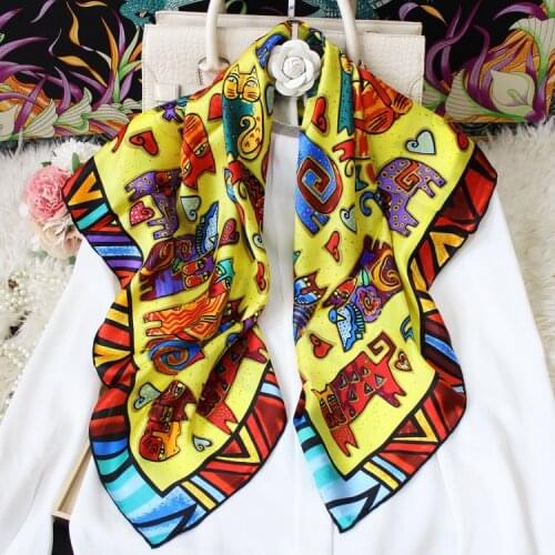Luxury Brand New Fashion Women Silk Square Scarf Women Cat Printed Satin Neck Hair Tie Band Beach Hijab Head Female Foulard