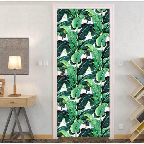 3D Door Sticker PVC Self-adhesive Mural Rain Forest Green Banana Leaf Photo Wallpaper Creative Living Room Bedroom Door Sticker