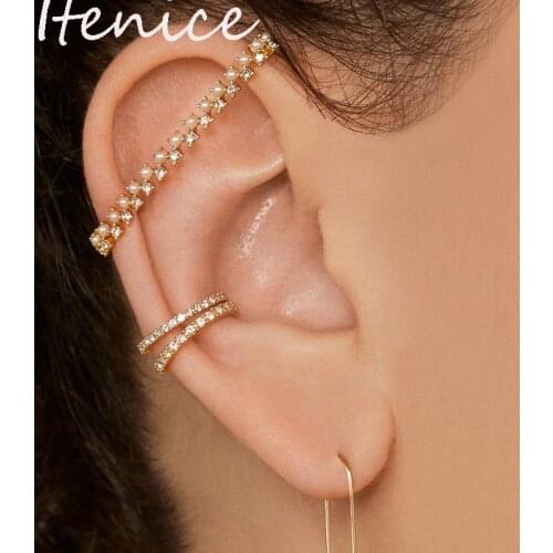 Itenice Pearl Crystal Earcuffs Earring For Women Gold Color Long Clip On Earrings Ear Cuff CZ Rhinestone Ear Wrap Earclips