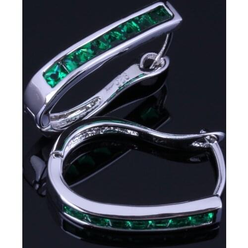 Marvelous Green Cubic Zirconia Silver Plated Clip Hoop Huggie Earrings V1057