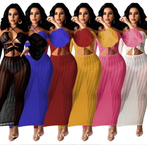 SKMY 2021 Summer Sexy Solid Color See Through Dress Lace-Up Female Long Sleeve Bodycon Long Black Dress Clothing For Women