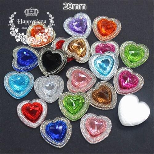 30PCS 20mm Mix Colors Shiny Resin Rhinestone Heart Flatback Cabochon DIY Scrapbooking Phone/Home Garden Decoration