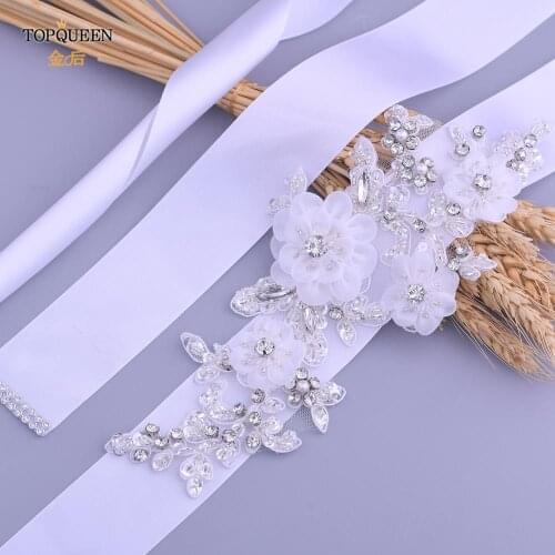 TOPQUEEN S358 White Organza Flower Belts Plus Size Bridal Belt Wedding Evening Dress Belts Maternity Sash Bridesmaid Accessory