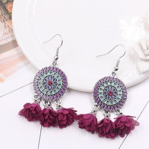 Vintage Colors Round Dangling Pendant Earrings Woman Fabric Flowers Earring Ethnic Bohemian Fantasy Boucles D'oreille HQES006
