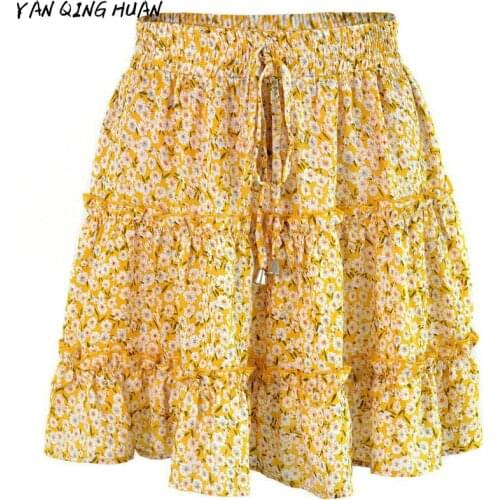 Europe And America Summer Fashion Sexy High Waist Ruffled Floral Womens Skirts Printed Stitching Folds Beach Short Mini Skirts