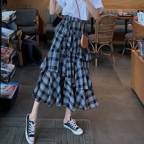 Skirts Womens Summer Chic Plaid Vintage Soft Fashion Trumpet Daily Fit New Korean Style Simple All-match Ladies Leisure Clothing