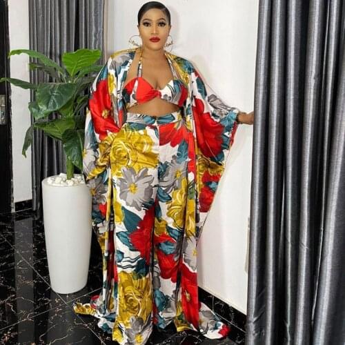 Plus Size Summer African Clothes for Women 4 Pieces Set Dashiki 2021 Fashion Party Long Dress Bra Top Sets Pants Suits Outfits