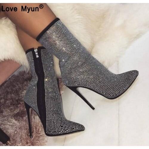 Women Ankle Boots Plus Size 35-42 Rhinestones High Heels Shoes Woman Zip Pointed Toe Sexy Motorcycle Boots For Females 569