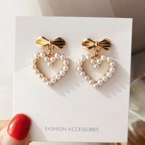 Mihan New Korean Statement Earrings Hot Selling Simulated Pearls Sweet Bowknot Heart Drop Earrings For Young Girl Party Gifts