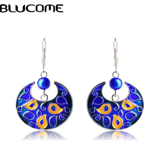 Blucome Fashion Horns Shape Drop Earrings Gold Color Purple Yellow Enamel Painting Earrings For Women Lady Party Jewelry Gifts