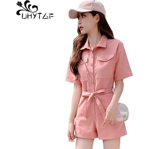 UHYTGF 2021 Female Clothing Jumpsuits Short Sleeve Solid Casual Summer Jumpsuit Women Cute Girl Elegant Combi And Bodysuits 1569