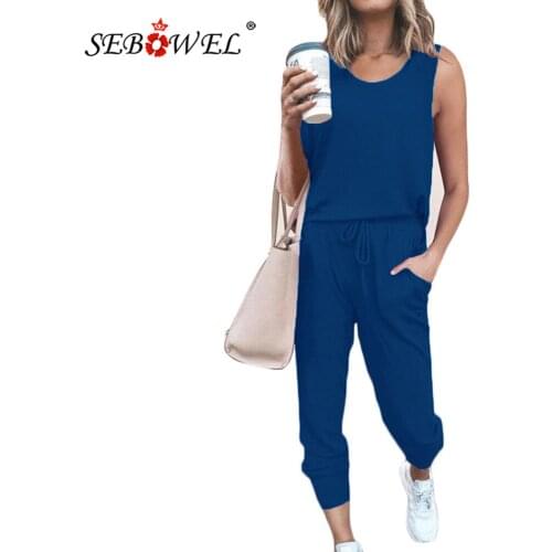 SEBOWEL Womens Casual Two Piece Suit Sports Summer Sleeveless Vest + Drawstring Trousers With Pockets Outfit Clothes Sets S-XXL