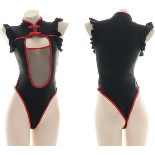 Lolita Mandarin Collar See Through Bodysuit Open Chest One Piece Bodycon Maid Cosplay Sukumizu Women Body Top Skinny Rompers