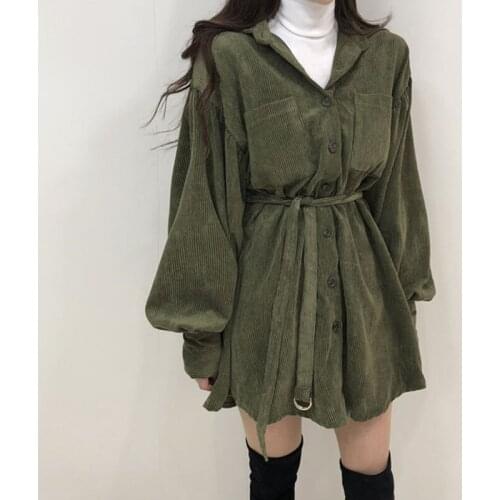 2021 New Autumn Corduroy Dress for Women Korean Style Natural Waist Lantern Sleeve Solid Casual A-Line Dresses Female