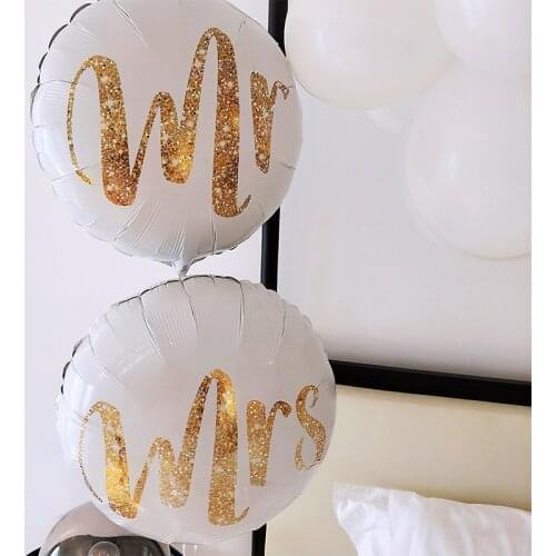 2pcs 18inch Round White Gold Glitter Print Mr&Mrs LOVE Foil Balloons Bride Mariage Wedding Decor Valentines Day Event Supplies