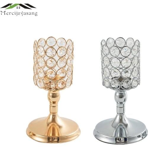 2PCS/LOT Metal Candle Holders With Crystal Retro Stand Pillar Gold/Silver Candlestick For Wedding Portavelas Candelabra 06101