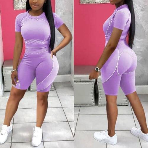 3 Colors Women Summer Sport Suit Set Female Line Pattern Print Round Neck Short Sleeve Tops+Short Pants Casual Outfits