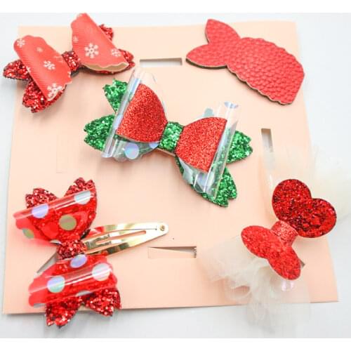 5pcs/set Red Christmas Hair Bows Set Handmade Leather Glitter Girls Hair Clips Snowflakes Hairpin Princess Barrettes Xmas Gift