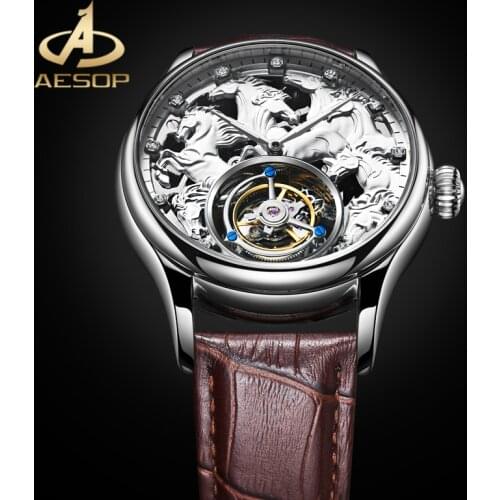 AESOP Silver Fashion Dial 100% Real Tourbillon Watch Brown Leather Belt Mechanical Watch Top Brand Luxury Men Waterproof Watch