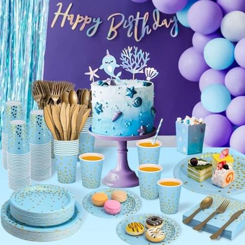 Bronzing polka dot blue tableware set paper cup paper plate for Disposable tableware birthday party supplies decoration