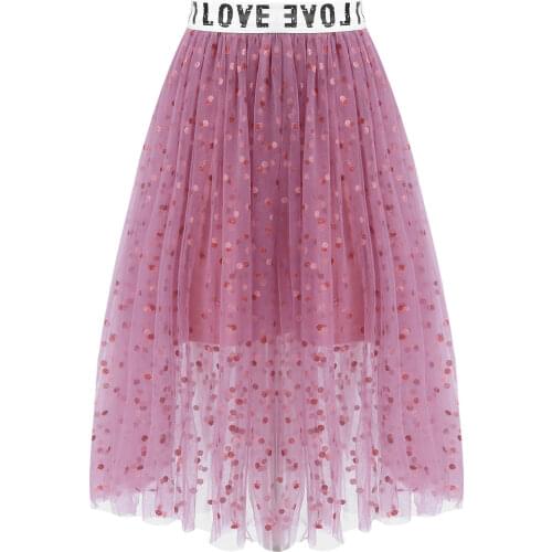 Kids Girls Tutu Skirt Glittering Polka Dots Applique Pleated A-line Long Mesh Skirts Party Princess Skirt Teenage Girls Clothing