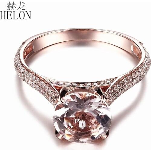 HELON Solid 14K Rose Gold Flawless Round 8mm Genuine Morganite Diamonds Engagement Ring Women Trendy Fine jewelry Diamond Ring