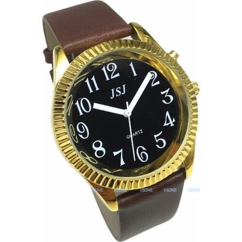 Italian Talking Watch with Alarm Function, Black Dial, Brown Leather Band, Golden Case B4-G306B-TI