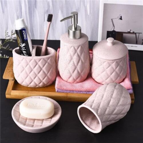 Ceramic Bathroom Five-pieces Set Wooden Tray Bathroom Supplies Dental Kits Toothbrushing Cup And Mouthwash Cup Wash Set