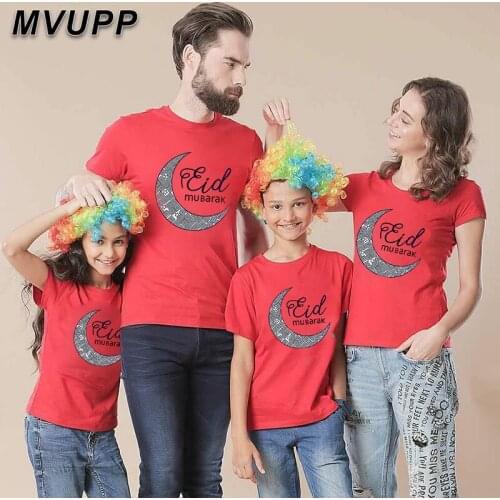 Middle East Ramadan silver moon printed short tshirt fashion clothes mother and baby boys clothes summer vacation family outfits