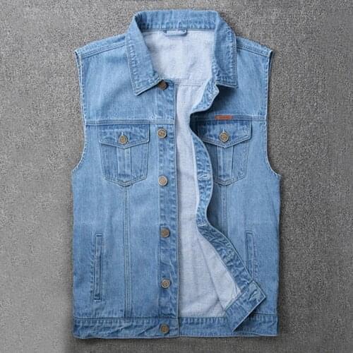 Oversized mens denim jacket sleeveless jeans mens fashion 2021 single-breasted vest jacket pure blue casual denim jacket