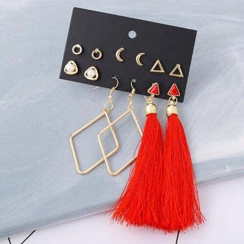 6Pairs/Set 2020 New Trendy Red Long Tassel Stud Earrings Set For Women Vintage Bohemian Fashion Pearl Brincos Jewelry