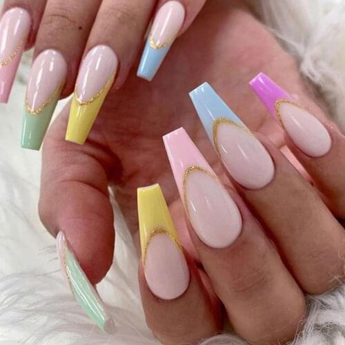 Detachable Almond Pink And White False Nails Wavy Style Stiletto Fake Nails Ballerina Coffin Full Cover Manicure Tool
