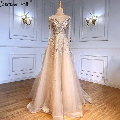 Serene Hill Gold Muslim Luxury Evening Dress 2021 Long Sleeves A-Line Beaded Shining For Women Party Gown CLA71387